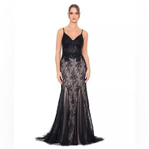 All Over Embroidered Godet Dress with Heat Set Stones